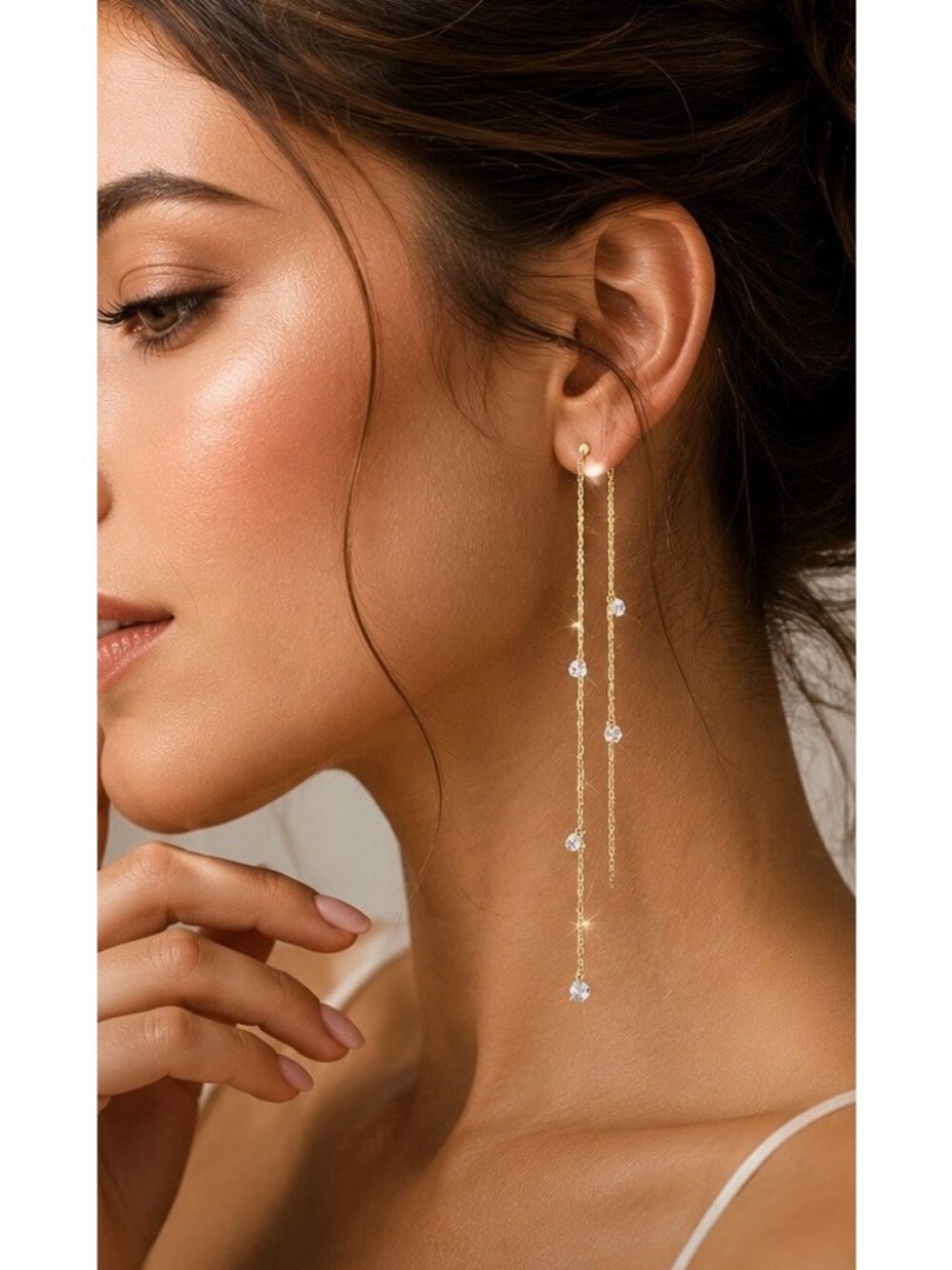 925 Sterling Silver Gold Vermeil Crystal Threader Dangle Earrings Long Chain